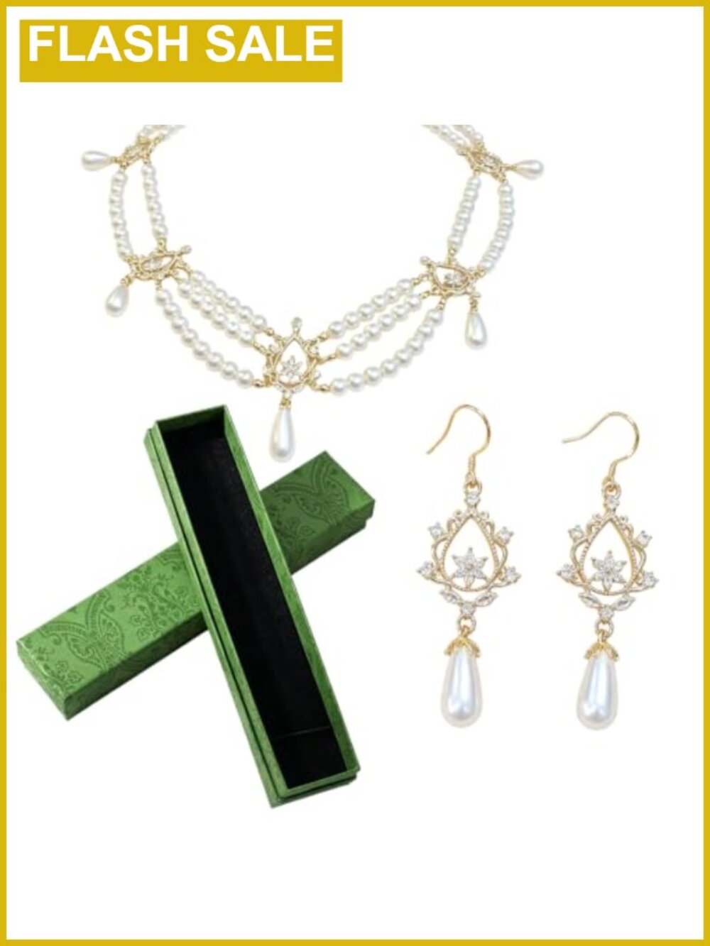 Pearl Choker Earrings Set Crystal Faux Pearl Gold-Tone Victorian Gothic Jewelry
